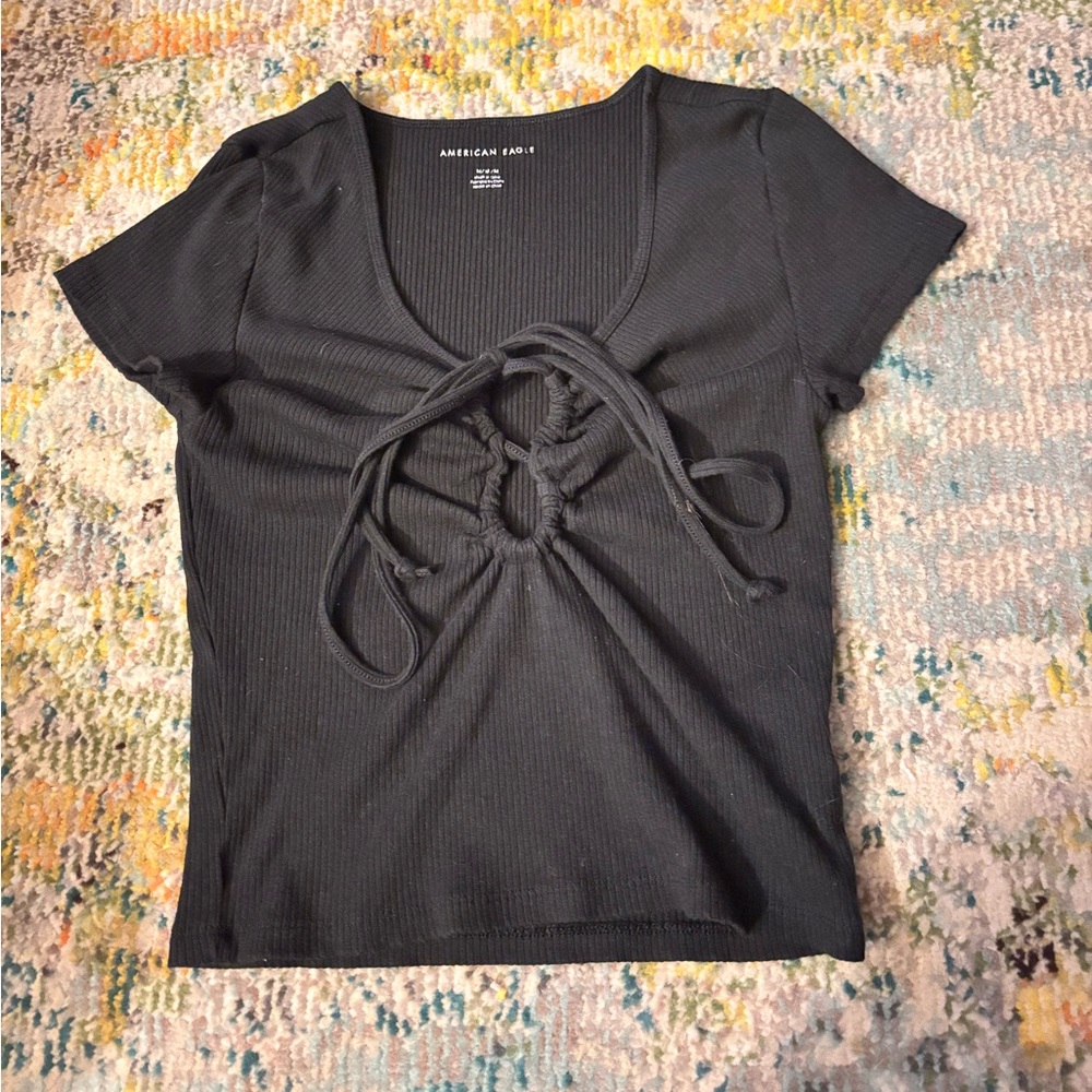 American Eagle Outfitters Black Short Sleeve Tie-Front Tee